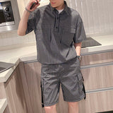 Summer Men's Fashion Sets Short Sleeve Tracksuit Shorts Lapel Collar Loose Plaid Shirts Sportswear Set Leisure Clothes