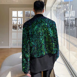 Men's Chic Niche Sequin Design Short Coat Colorblocked Patchwork Zipped Jacket  Autumn New Casual Green Clothing