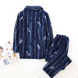 Foesce Print stripe Men'Pajamas Warm Sleepwear Coat Men Women Flannel Winter Thick Pajama Male Long Sleeve Buttons Unisex Pijama Set