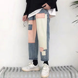 Foesce Patchwork Jeans Men's Mid Waist Baggy Jeans Boyfriend Hip-hop Denim Cropped Pants Loose Men Japanese Fashion Jogging Pants