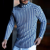 Casual Men Turtleneck T-shirt Autumn Spring Houndstooth Print Slim Long Sleeve T Shirts Basic Pullover Simple Tops Male