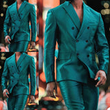 Foesce -Pieces Men Suits Fashion Double Breasted Bright Green Customized Handsome Slim Fit Party Suits Coat+Pant