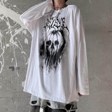 Long-sleeved T-shirt Tops Women Streetwear Top Goth Harajuku Skull T Shirt Funeral Graffiti Dark High Street Loose Bottoming