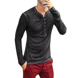 Foesce Men Tee Shirt V-neck Long Sleeve Tee&Tops Stylish Buttons T-shirt  Autumn Casual Henley shirt Solid Male Clothing 5XL