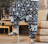 Men Harem Pants Print Retro Drop Crotch Joggers Cotton Trousers Men Baggy Loose Nepal Style Men Casual Pants S-5XL