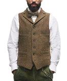 Mens Vest Classic Brown Suit  Wool Tweed Notch Lapel Waistcoat Herringbone Groomsmen Winter Coat For Wedding