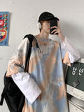 Foesce  Tie-dye Fake Two-piece Long-sleeved T-shirt Men's Korean Trend All-match Hip Hop Clothes Preppy Oversize Trend T-shirt