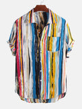 Summer Men Shirts  Multi Color Graffiti Chest Pocket Round Hem Loose Short Sleeve Shirts Chemise Beach Tops Tee