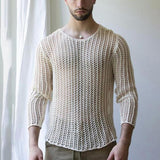 Men Mesh Top See Through Long Sleeves Round Neck Hollow-out Sexy Dress Up Men Bottoming Shirt Knitted Mesh Top Clothing for Male