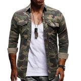 Men's Casual Long Sleeve Camouflage Denim Shirts Outdoor Mountaineering Wear Lapel Button Army Green Cotton Male Blouse