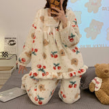 Warm Winter Flannel 2 Piece Set Women's Pajamas Thick Coral Fleece Long Sleeves Homewear Cute Bear Lapel Bow Female Sleepwear