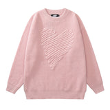 Heart Jacquard Knitted Sweater Mens Autumn O Neck Loose Pullover Streetwear Couple Long Sleeve Sweater Hip Hop Clothing