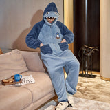 Winter Couple Pajamas Jumpsuits Women Men Warm Thicken Cartoon Shark Kawaii Sleepwear One-Pieces Lovers Pyjamas Hoodie