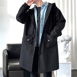 Men's Fashion Trench Coat Black Windbreaker Man Hooded Coats Loose Long Coats Wild Spring Autumn Hoodies Tops