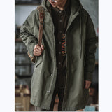 Foesce Retro Army Green Windbreaker Fishtail Parker Hooded Jacket Long Coat Outdoor Trekking Training Military Camp Clothes