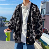 Foesce Men Sweater Cardigans Spring Autumn Fashion Argyle Print Tops Single-breasted V-neck Sweaters Tops