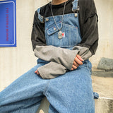 Korean Loose Jeans Men Overalls Bib Denim Jumpsuits Huge Straight Workwear Multi Pocket Wide Leg Cargo Pants Blue Trousers