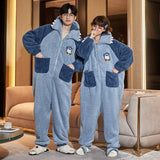 Winter Couple Pajamas Jumpsuits Women Men Warm Thicken Cartoon Shark Kawaii Sleepwear One-Pieces Lovers Pyjamas Hoodie