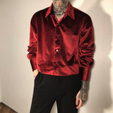 Velvet Red Clothes For Mens Burgundy Velour Shirts Mens Vintage Elegant Plush Blouse Black Mens Shirts Party Blusa Masculina