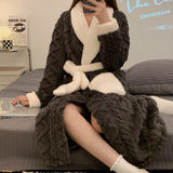 Women Long Thermal Jacquard Flannel Bathrobe With Belt Winter Warm Coral Velvet Bath Robe Soft Dressing Gown Female Sleepwear