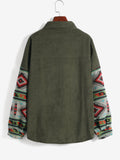 Fleece Lined Ethnic Aztec Printed Corduroy Shacket Women Drop Shoulder Button Up Shirt Jacket Autumn Casual Outerwear