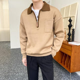 Autumn New Knitted Sweater Men Business Casual Patchwork Polo Lapel Zipper Sweater Harajuku Mens Loose Japanese Pullove