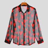 Tops American Style Men's Sexy Leisure Mesh Blouse Casual Male See-through Heart Printing Long-sleeved Shirts S-5XL