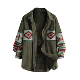 Fleece Lined Ethnic Aztec Printed Corduroy Shacket Women Drop Shoulder Button Up Shirt Jacket Autumn Casual Outerwear