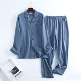 Spring and autumn new men's pajamas long-sleeved trousers 100% cotton crepe buttoned plus size home suit set sleepwear mens