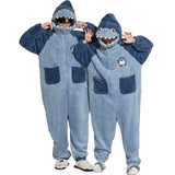 Winter Couple Pajamas Jumpsuits Women Men Warm Thicken Cartoon Shark Kawaii Sleepwear One-Pieces Lovers Pyjamas Hoodie