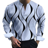 Men Casual Print V Neck Dress Shirts Long Sleeve Loose Collar Blouse Tops Tee