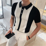 Vintage POLO Shirt Men Stripe Patchwork Knitting Casual Lapel Pullover Summer Fashion Men Short Sleeve Slim POLO Shirt 3XL