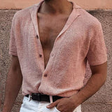 Summer Men's Knitted Shirt  Cool Silk Fabric Short Sleeve Buttons Thin Loose Shirts For Men Vintage Mens Clothing Tops