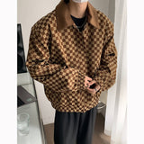 Autumn Oversized Plaid Jacket Men Fashion Casual Lapel Zipper Jacket Men Korean Style Loose Bomber Jacket Men Short Coat M-2XL