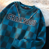 Foesce Retro Hip-hop T-shirt Checkerboard Plaid O-neck Fleece Sweatshirt for Men Women in Autumn Winter Korean Loose Thickened Jacket