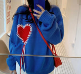 Heart Tassel Designed Pullovers Blue Sweaters Chic Fashion Streetwear All Match Loose Cozy Couples Korean Style Spring Autumn