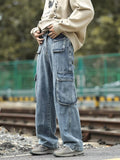 Foesce Pocket Loose Straight Washing Workwear Jeans Men's Spring  Autumn Fashion Wide Leg Casual Pants Retro Hip Hop