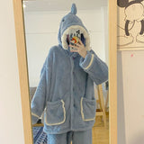 Foesce Women's Winter Pajamas Cartoon Home Clothes Kawaii Shark Pijamas Coral Fleece Home Suit Pyjamas Blue Purple Loungewear