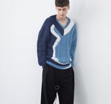 Winter Vintage Patchwork Knitted Sweater Harajuku Loose Blue V-Neck Hip Hop Streetwear Hip Hop Pullover Knit Sweater Men