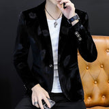 Autumn Winter Mens Suit Jacket Floral Print Velvet Material Casual Long Sleeve Jackets Fashion Male Slim Suit Jacket Men Blazer