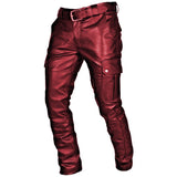 Foesce Fashion Solid Color Leather Trousers Men Spring Streetwear Casual Mutil Pockets Cargo Pants For Mens Leisure PU Long Pant