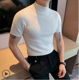 Foesce Men's Short Sleeve Knitted Clothing All Match Slim Fit Sweater Stretched High Collar Casual Homme Pullovers Bottomed Shirt