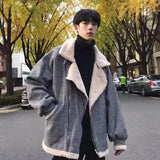 Foesce Lamb Wool Padded Jacket Autumn Winter Plush Zipper Lapel Top Men's Korean Streetwear Handsome Warm Thicken Coat