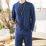 Chinese Linen Men's Sports Two Piece Party Suit Street Fashion Long Sleeve Trousers Beachwear Men's Suit