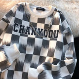 Foesce Retro Hip-hop T-shirt Checkerboard Plaid O-neck Fleece Sweatshirt for Men Women in Autumn Winter Korean Loose Thickened Jacket