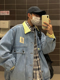 Japan Retro Lapel Denim Jacket Cityboys Punk Loose Jacket Autumn Hong Kong Style Hip Hop Handsome Stitching Jeans Coat