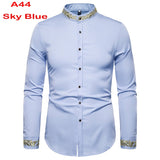 Foesce Men's Royal Blue Dress Shirts Brand Banded Mandarin Collar Shirt Male Long Sleeve Casual Button Down Shirt with Pocket 2XL