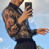 Mens Mesh Tops See Through Long Sleeve Floral Clubwear Party Dress Tee Blouse