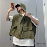 Cargo Jacket Sleeveless Vest Men's Fashion Japanese Loose Personality Spring Autumn Trend Leisure Hooded Waistcoat Male Vintage