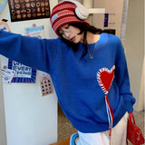 Heart Tassel Designed Pullovers Blue Sweaters Chic Fashion Streetwear All Match Loose Cozy Couples Korean Style Spring Autumn